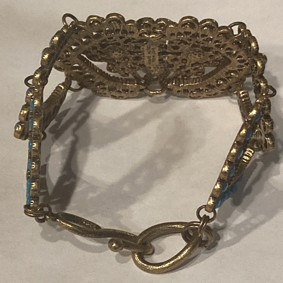NWOT - Turkish Style Brassy Filigree Heart Design Turquoise & Crystal Bracelet - Picture 13 of 14